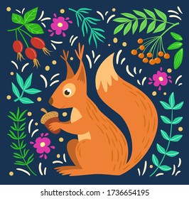 Squirrel with set of leaves and flowers. Cute character poster. Vector hand drawn illustration.