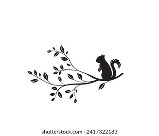 Squirrel silhouette with branch isolated on white background, vector illustration. Minimalist black and white art design, artwork, wall decals