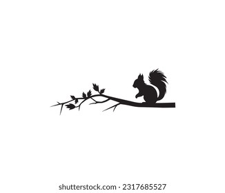 Squirrel silhouette on branch illustration, vector. Wall decals, wall artwork, poster design isolated on white background. Minimalist background