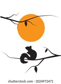 Squirrel silhouette on branch on sunset illustration, vector. Wall decals, wall art work, poster design isolated on white background. Minimalist background.