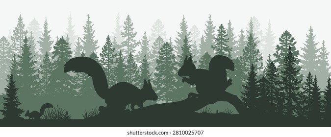 Squirrel Silhouette in Pine Forest Landscape Vector Illustration