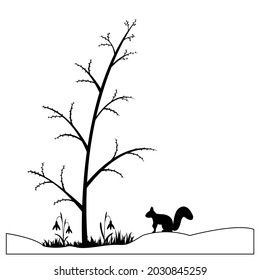 Squirrel silhouette in the spring forest. Vector illustration.