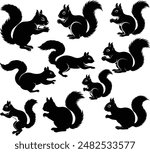 Squirrel silhouettes collection isolated white background, Squirrel animal silhouettes, squirrel silhouettes set illustration