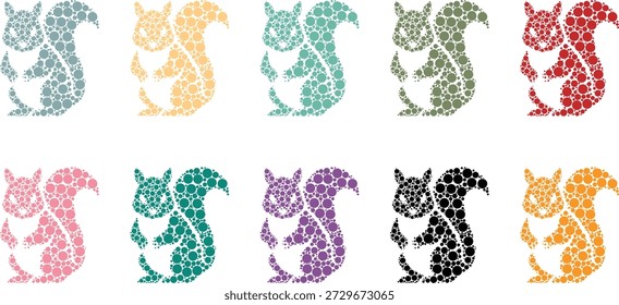 Siluetas de ardilla compuestas de círculos coloridos, mosaico de animales de bosque en estilo de punto