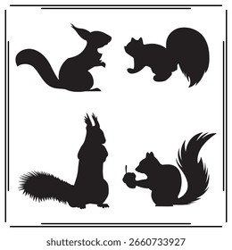 Squirrel Silhouettes Set - Sitting and Eating Squirrel Icons, Wildlife Graphics for Nature, Forest, and Animal Design Use