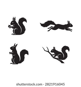Squirrel silhouettes in various poses black on white background