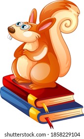 A squirrel sitiing on books on white background illustration