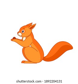 Squirrel sits and eats. Cartoon character of an Rodent mammal animal. A wild forest creature with orange fur. Side view. Vector flat illustration isolated on a white background.