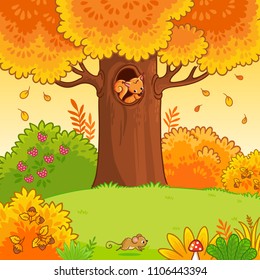 The squirrel sits in a hollow. Autumn forest in cartoon style. Vector illustration with a cute animal.