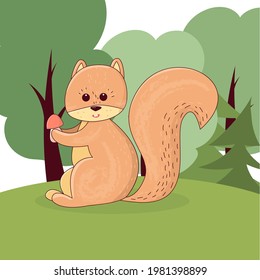 Сute squirrel sits with a mushroom in its paws. Design concept on the background of a forest landscape. Vector illustration with cartoon squirrel