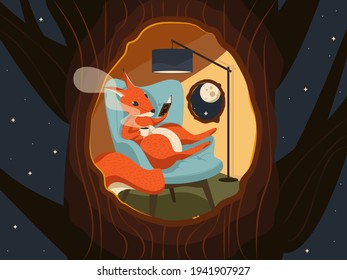 
The squirrel sits on an armchair in a hollow and drinks tea. Vector illustration.