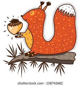 The squirrel sits on a branch and holds the nut.