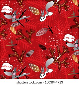 The squirrel sits on a snowdrift. This squirrel is wearing a red sweater and another squirrel sits on the branch.  Spruce branch, cones, garland, star and snow are also shown in this pattern.