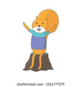 Squirrel sits on a stump. Cartoon character. Vector illustration