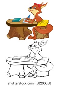 The squirrel sits at a school desk. Contour and color