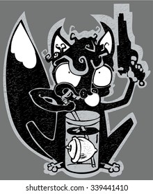 Squirrel. Sitting squirrel black and white. Cartoon squirrel with gun.