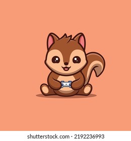Squirrel Sitting Gaming Cute Creative Kawaii Cartoon Mascot Logo