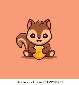 Squirrel Sitting Gold Coin Cute Creative Kawaii Cartoon Mascot Logo