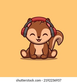 Squirrel Sitting Hearing Music Cute Creative Kawaii Cartoon Mascot Logo