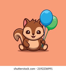 Squirrel Sitting Hold Balloon Cute Creative Kawaii Cartoon Mascot Logo
