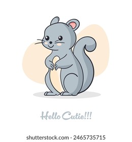 Ein Eichhörnchen auf einem abstrakten Hintergrund. Lächelnd und ein glückliches Gesicht Eichhörnchen mit Text Hello Cutie.