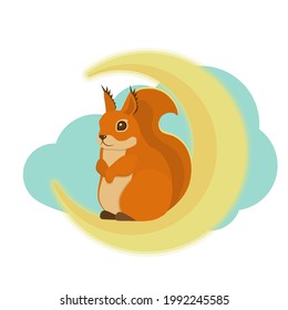 The squirrel is sitting on the moon. Poster for the children's room. Vector image on an isolated white background.