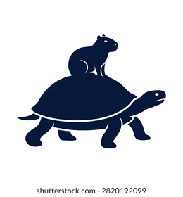 Squirrel sitting on shell of slow walking giant tortoise silhouette