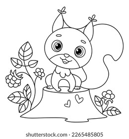 Squirrel sitting on stump coloring page, cartoon vector illustration