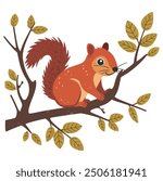 Squirrel Sitting on a Tree Branch. Flat Vector Illustration