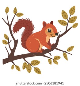 Squirrel Sitting on a Tree Branch. Flat Vector Illustration