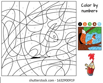 Squirrel sitting on a tree. Color by numbers. Coloring book. Educational puzzle game for children. Cartoon vector illustration