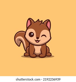 Squirrel Sitting Winking Cute Creative Kawaii Cartoon Mascot Logo