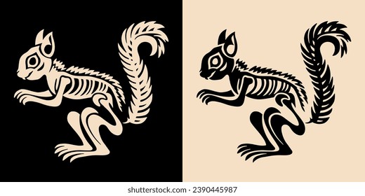 Squirrel skeleton illustration for gothic Christmas decorations. Creepy holiday season dark academia aesthetic. Scary Creepmas animals decor. Minimalist vector illustration for printable products.