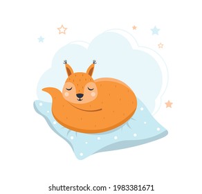 Squirrel sleeping on a pillow. Cute squirrel. Sleeping animal. Character for a children's poster, postcard, decor. Vector illustration on isolated background.