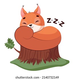 Squirrel sleeping on tree stump cartoon vector illustration. Cute wildlife animal relaxing in forest, lying with closed eyes, having rest. Rodent, sleep cycle concept