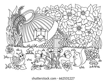 Squirrel with a snail in the clearing near the mouse house. Vector illustration zentangl. Coloring book. Antistress for adults and children. 