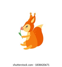 Squirrel sniffing flower isolated in white background. Illustration of sitting baby squirrel. Vector illustration in cartoon style