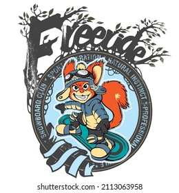 Squirrel snowboarding inside a coat of arms with a big "freeride" text made by trees. Snowboarding concept mascot.