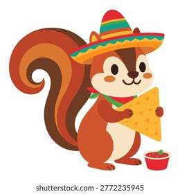 Squirrel in sombrero with tortilla chip and salsa mexican theme cute animal character.