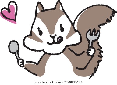 Squirrel with a spoon and fork. Heart mark. 