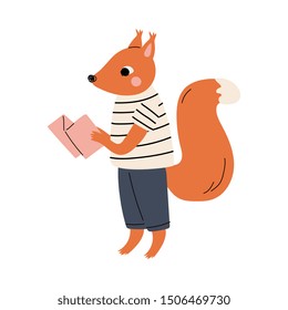 Squirrel Standing with Map, Funny Humanized Animal Cartoon Character Travelling on Vacation Vector Illustration