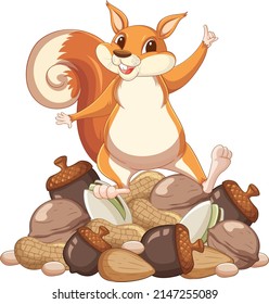 Squirrel standing on pile of nuts illustration