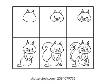 Squirrel. Step by step drawing. Coloring page, coloring book page. Black and white vector illustration.