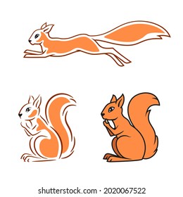 Squirrel, stylized for logo, mascot. Three dfferent version. Vector cliparts.