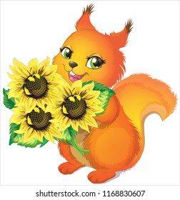 Squirrel with sunflowers. Cute squirrel on white background. Gorgeous red squirrel . Cartoon vector illustration. Cute cartoon character.EPS10.Vector Illustration. 