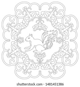 Squirrel surrounded by abstract ornament. Zenart. Anti-stress coloring.