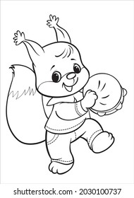 Squirrel with a tambourine. Cartoon character. Coloring. 
