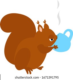 Squirrel with tea, illustration, vector on white background.