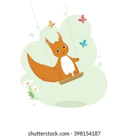 Squirrel teetering on a swing with multicolored butterflies around and a clump of daisies below, single composition on a light green background. Vector illustration. 