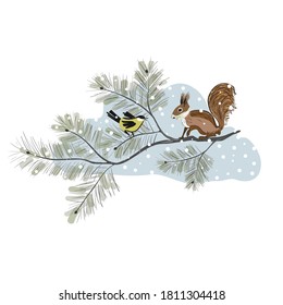 Squirrel and tomtit in japanese style are sitting on the pine tree. Yellow birds perched on branches